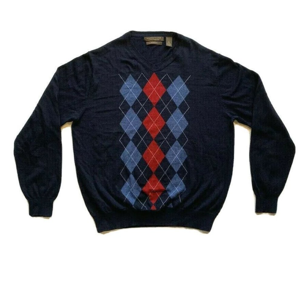 Sebastian Cooper Cotton Cashmere‎ Blend Argyle Sweater Modern Fit Knit V Neck XL